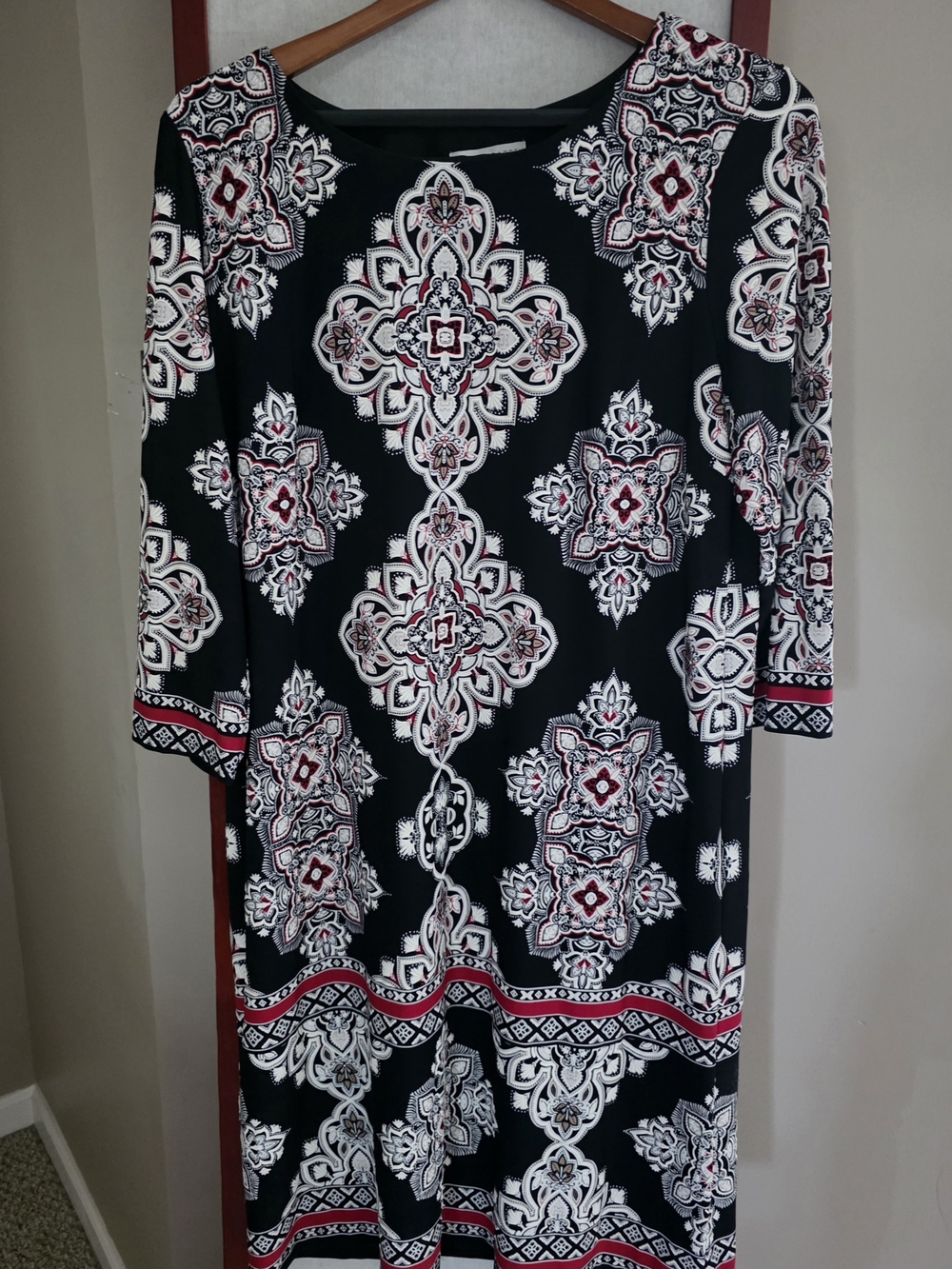 Black Printed Midi Dress with Red & White Medallion Pattern